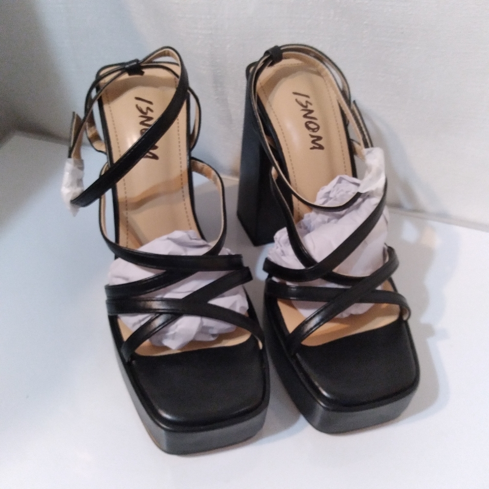 Isnom Platform Sandals Womens Size 7 Black Block Heel Strappy Nwt